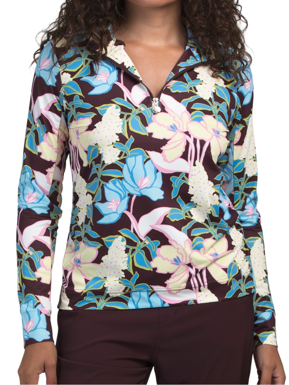 Stella Parker Floral Half-Zip Performance Top - Floral Print